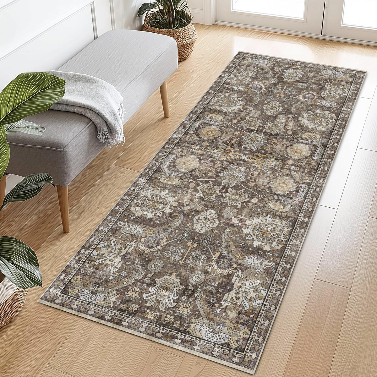 Washable Vintage Tribal Area Rug with Non-Slip Backing